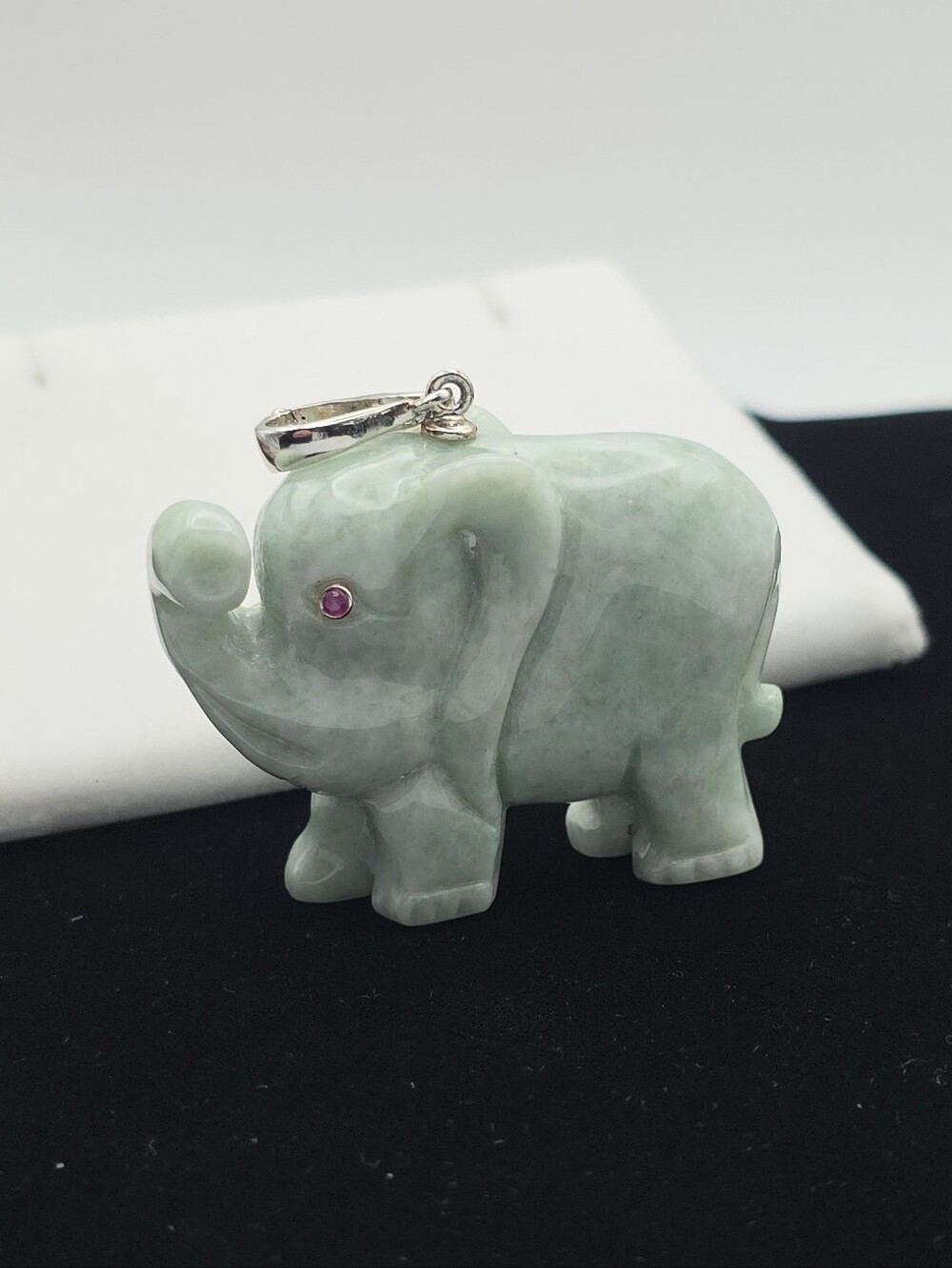 Vintage JTV Carved 3D Jadeite Elephant  Ruby Pendant Slide Enhancer HYGE HEAVY